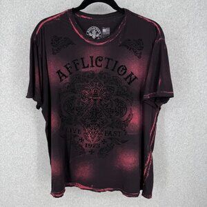 Affliction Mens Live Fast Short Sleeve Shirt Size 3XL Black Red Distressed Acid